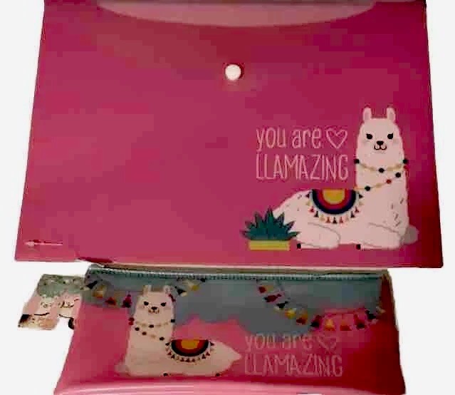 Llama Set Vinyl Pencil Pouch and Envelope, 6 Stackable Push Pencils & 4 Erasers