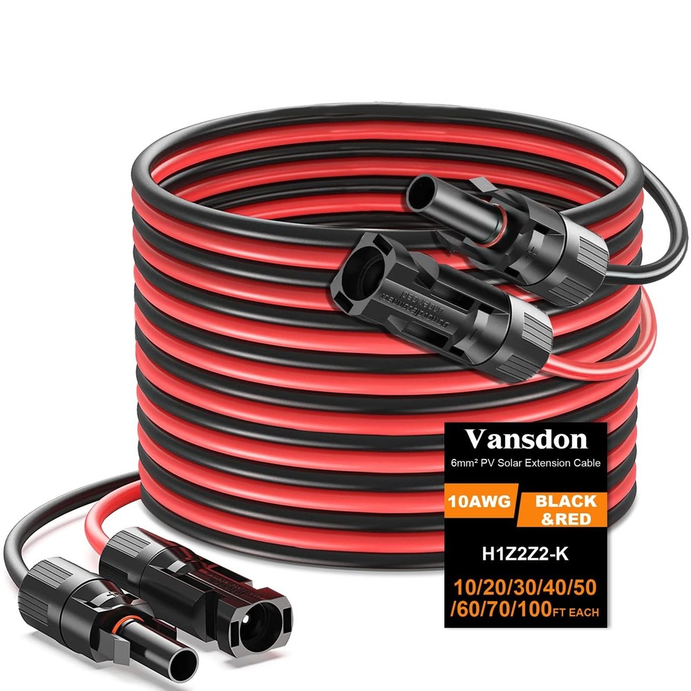 2x30 Feet Solar Panel Extension Cable- 10AWG Solar Cable Solar Panel Cable wi...