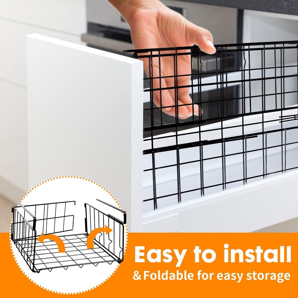 Hanging Under Shelf Storage Basket, 2 Pack Foldable 2 PCS, Black 2