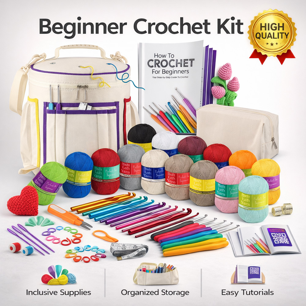 Crochet Kit for Beginners with Yarn Hooks Bag Accessories Video Tutorial