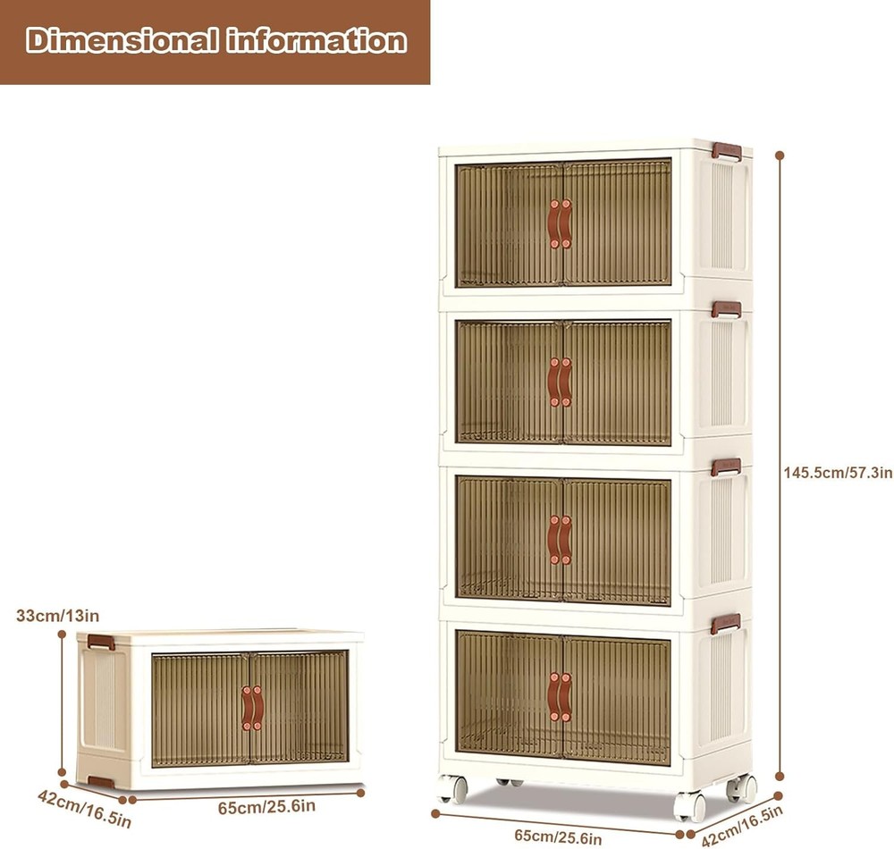 4 Tier Stackable Plastic Storage Bins, 72QT X 4 Foldable Storage Bins with Wheel