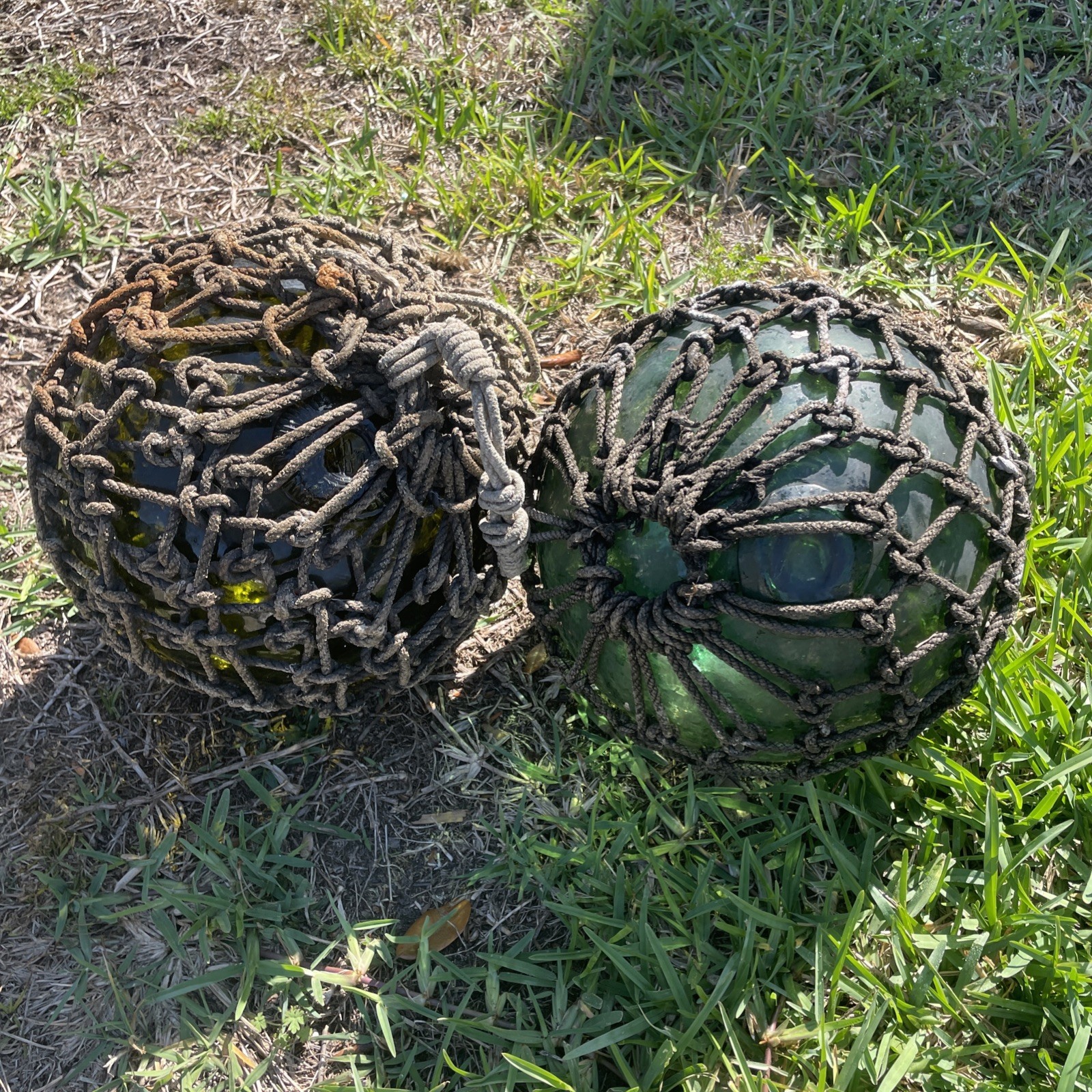 Japanese Large Glass Fishing Float Buoy Ball Net Vintage, Green