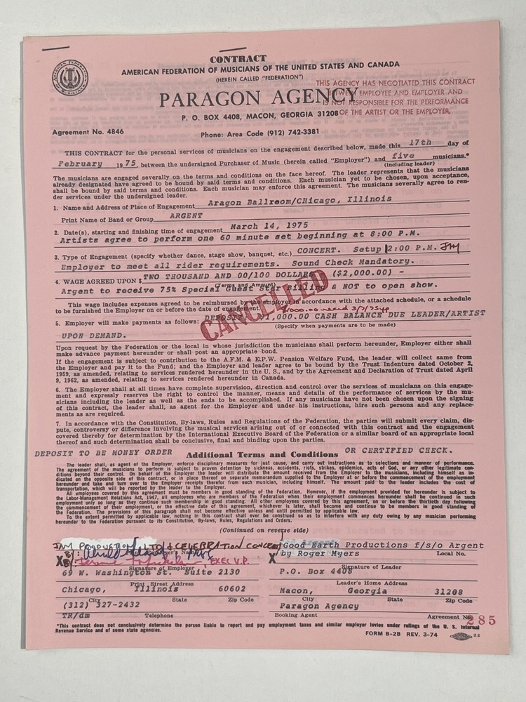 Argent Cancelled Concert Contract 1975 Chicago IL