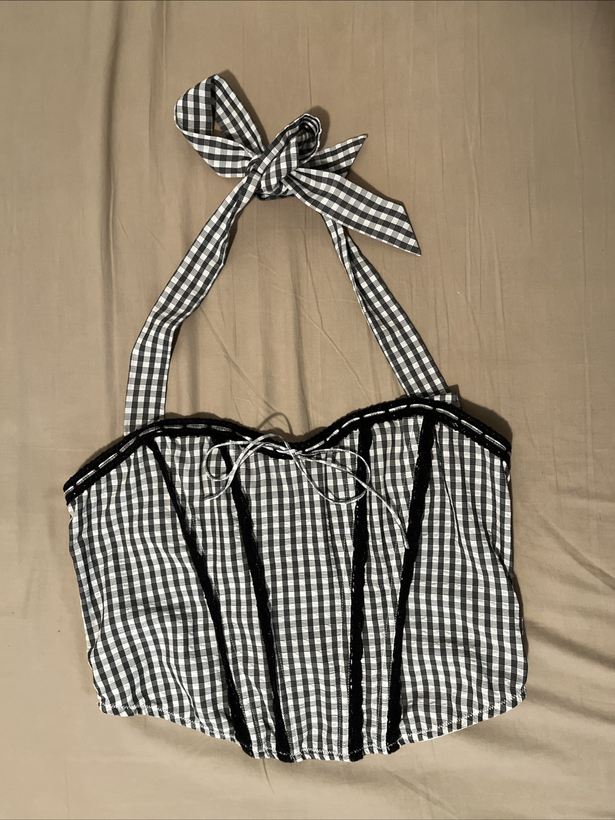 Out From Under Betty Gingham Corset Top Large Boned Black/White Western Romantic