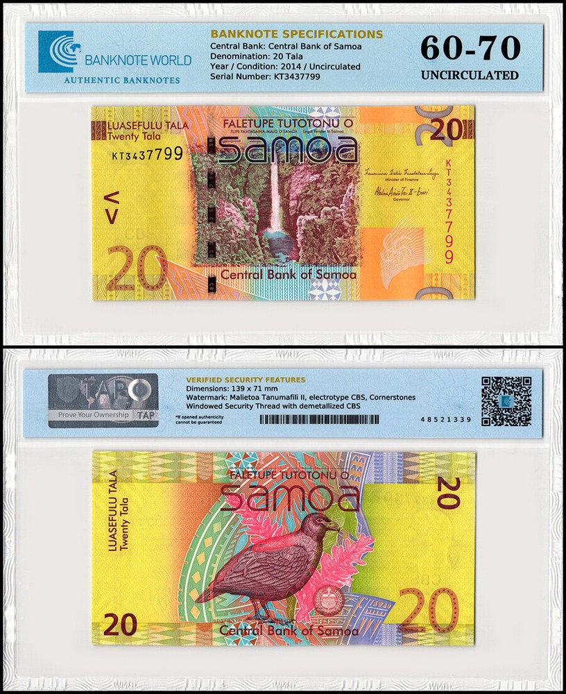 Samoa 20 Tala, 2014 ND, P-40b, UNC, Authenticated Banknote