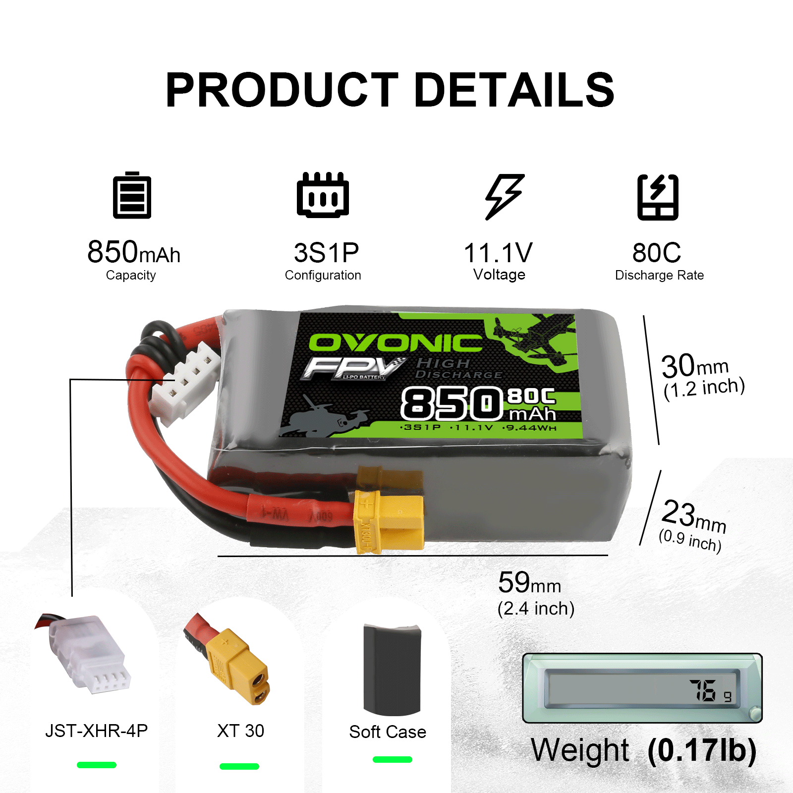 2x Ovonic 11.1V 80C 3S 850mAh Lipo Battery XT30 For FPV Drone Heli Airplane