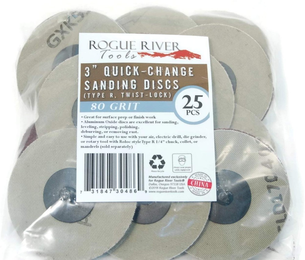 (25pc) Rogue River Tools 3" 80 grit Quick-Change Sanding Discs (Type - R)