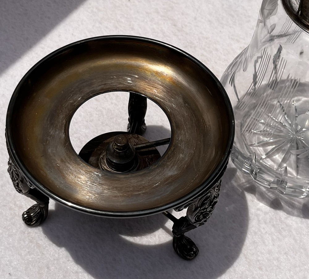 Vintage Cut Glass Pitcher Silverplate Stand Burner Grapes Pattern 11” Great