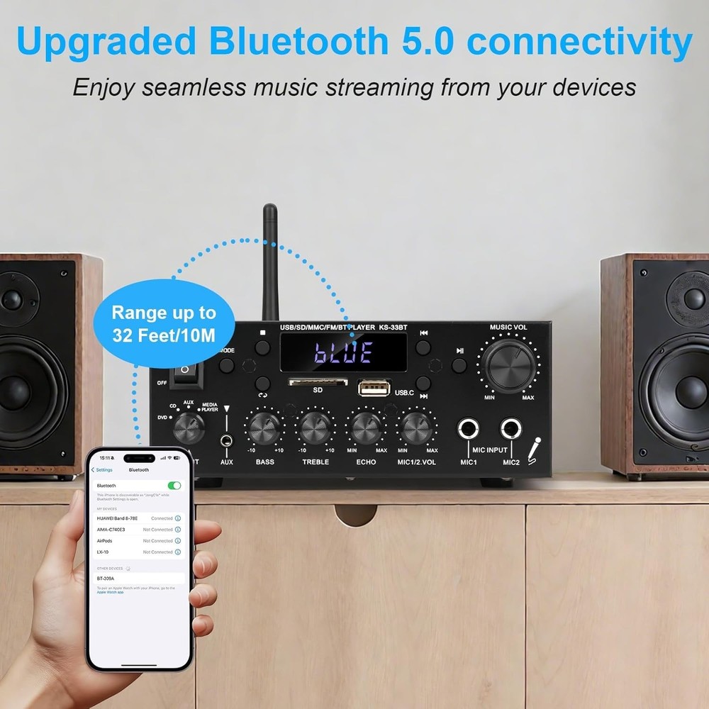 Compact 500W Audio Amplifier with Bluetooth