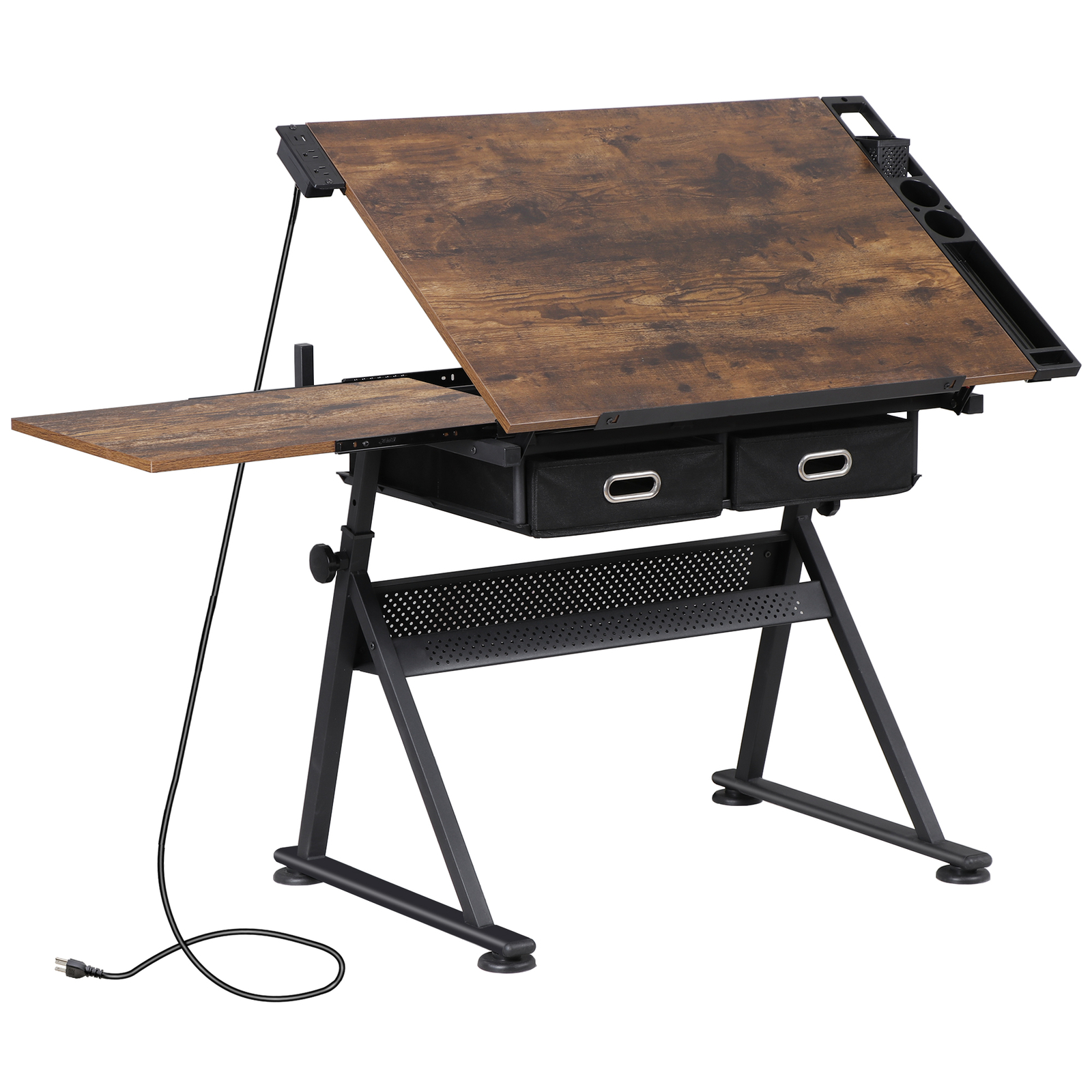 Drafting Drawing Table Tiltable Tabletop Adjustable Height with Charge Outlet
