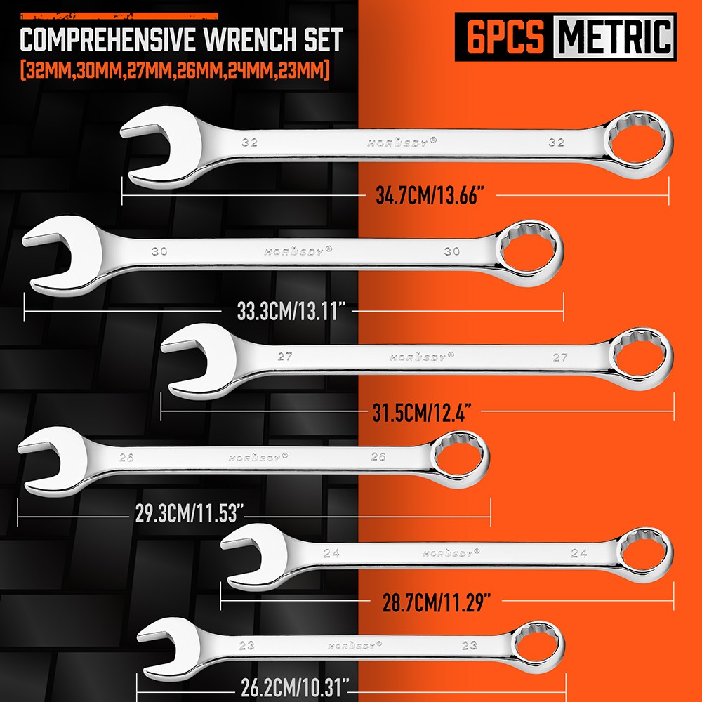 6PC Large Wrench Set with Rolling Pouch 23, 24, 26, 27, 30, 32mm 12 Point 15°