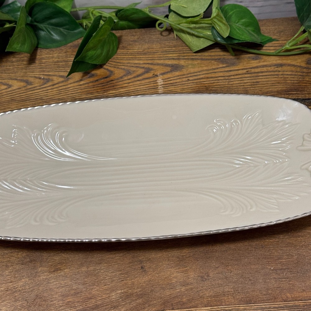 Lenox Ivory Rectangular Celery Asparagus Serving Tray Platter 13.5" Silver Trim