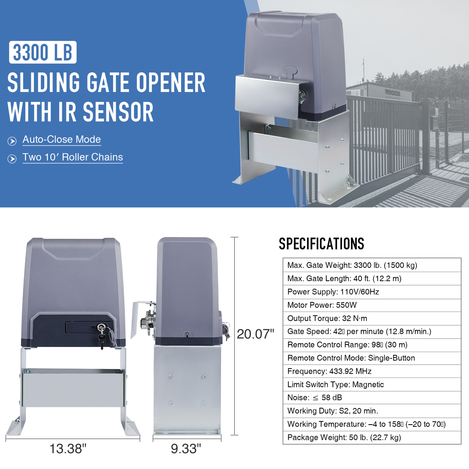 Smart Sliding Gate Opener with IR Sensors Remote Controls 3300lb 550W Motor
