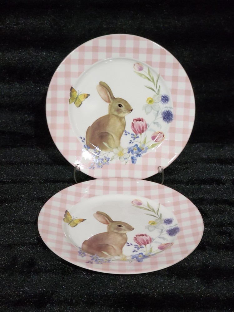 3pc Easter Bunny Pink Gingham 2-Tier Serving Tray Cookie Stand & 2 Salad Plates