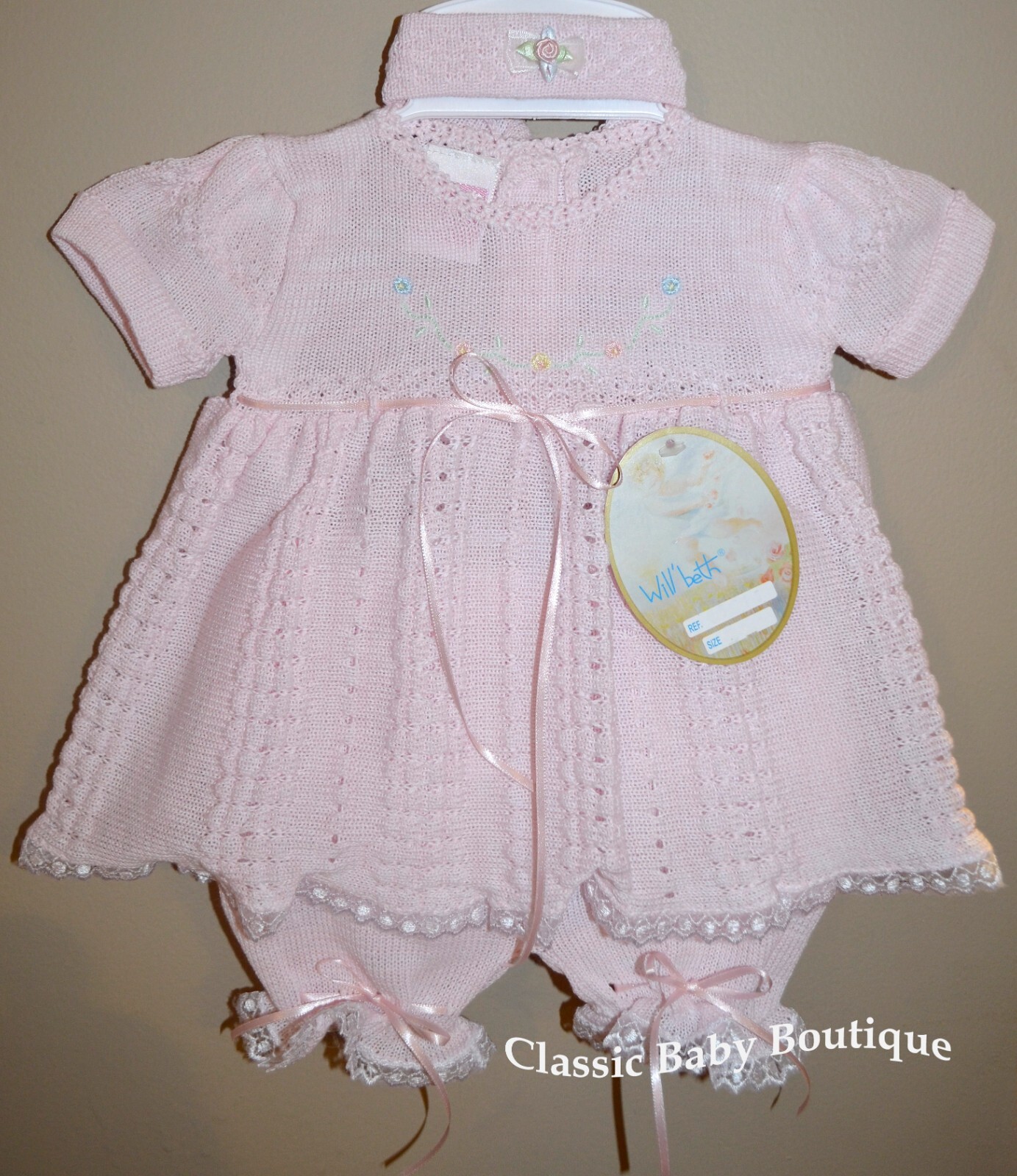 NWT Will'beth Pink 3pc Ribbon Knit Dress Newborn Sz 0 Baby Girls Headband NB