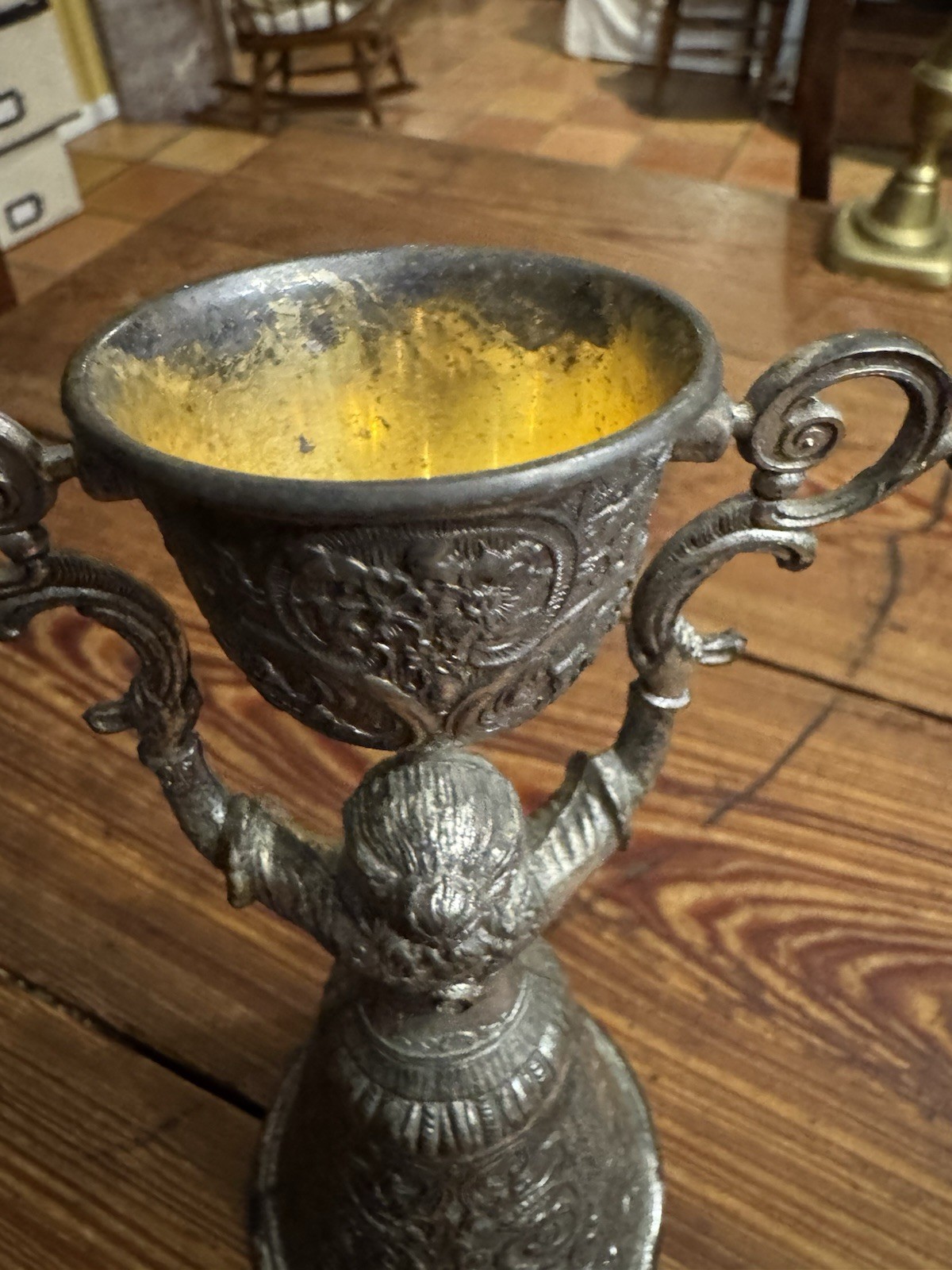 Antique Silver Plate Gold Wash German Bride and Groom Wedding Toasting 8.5” Cup