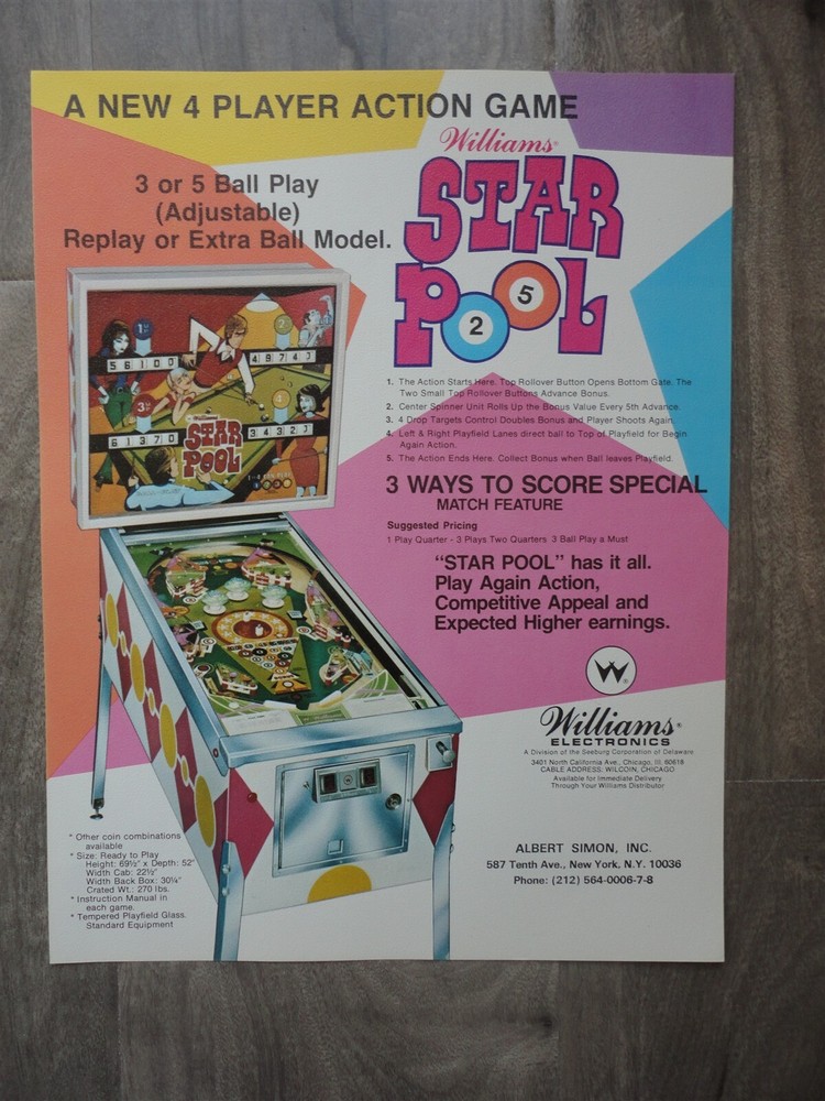 Star Pool Pinball Machine Flyer Original Williams