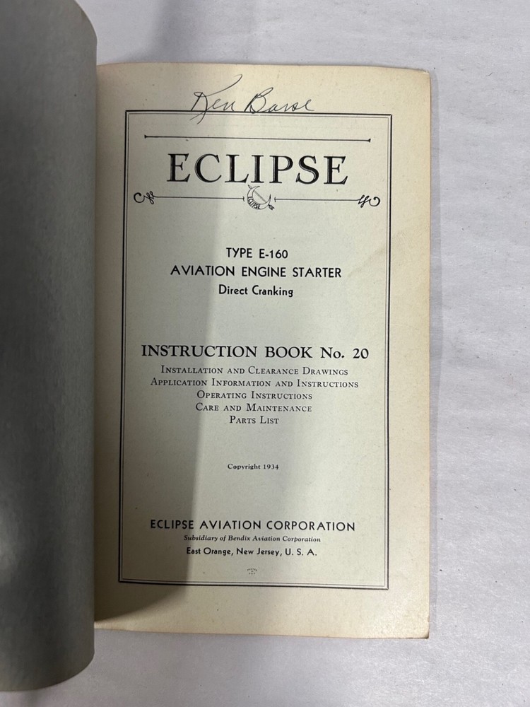 Vtg Eclipse Aviation No 20 Type E-160 Engine Starter Instruction Manual (A8)