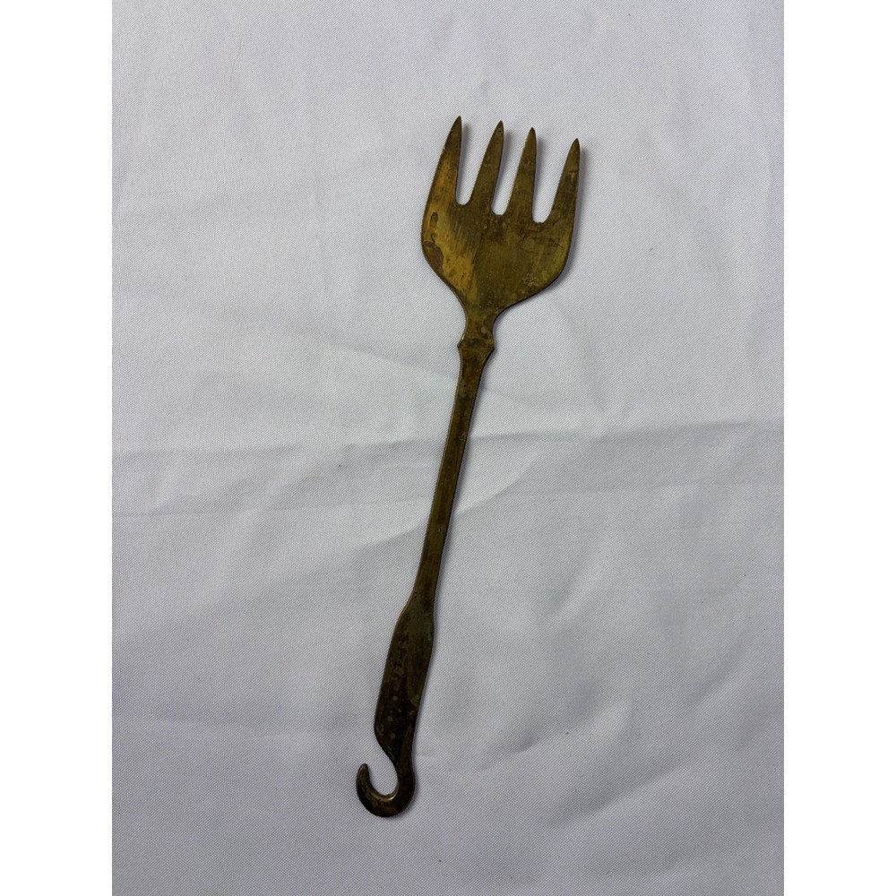 Vintage Brass Serving Fork Long Handle Hooked End Hearth Tool 11.25"