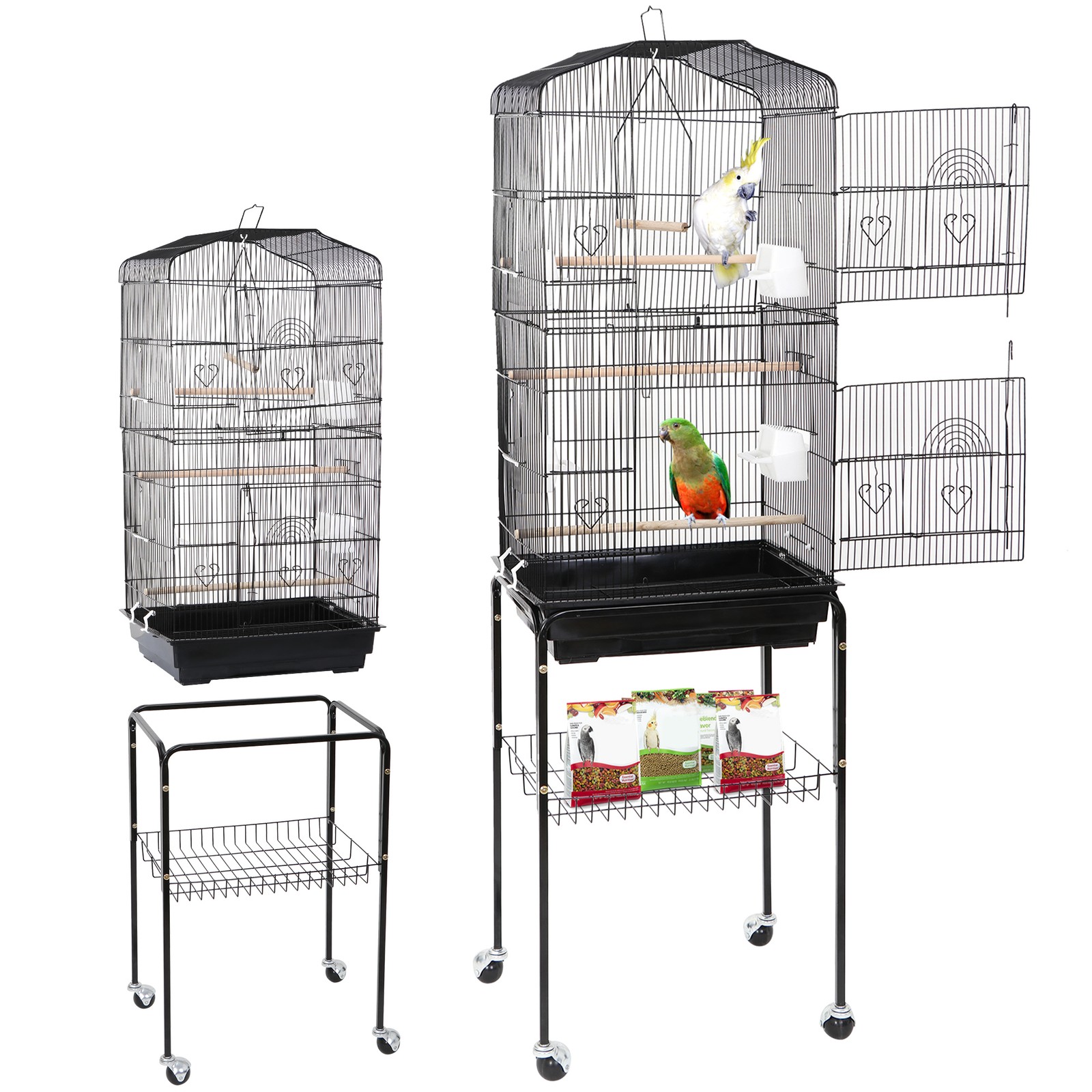 59" Bird Cage Wrought Iron Cage for Cockatiel Parakeet Finch with Rolling Stand