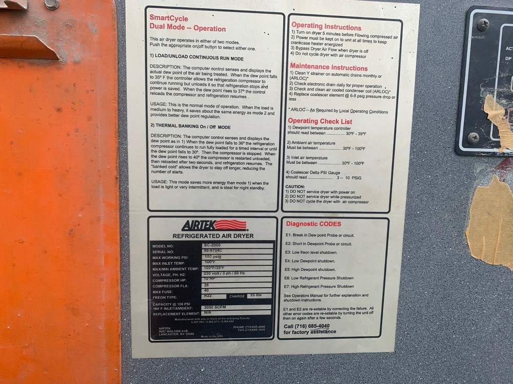 Airtec Refrigerated Air Dryer Model SC2000