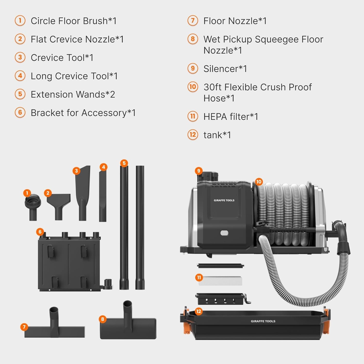Giraffe Tools Wet Dry Vacuum Cleaner with 30FT Retractable Hose Wall mount 1200W