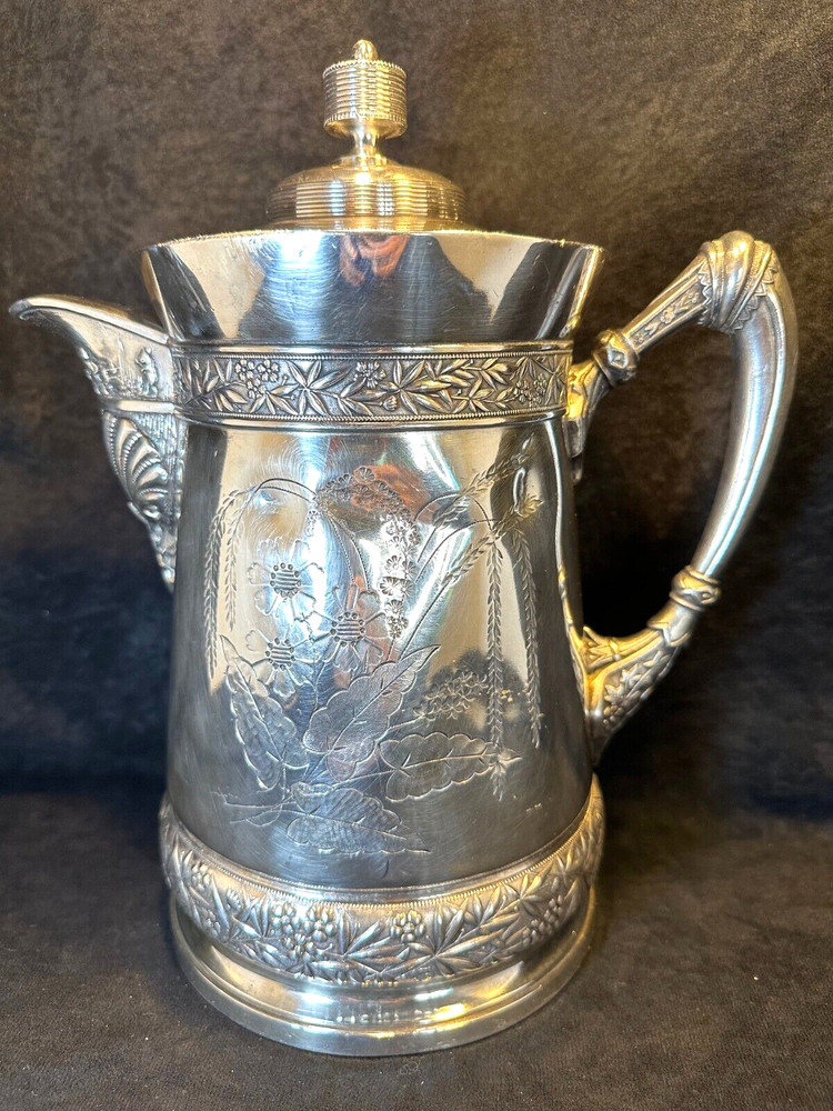 Antique 1868 Rogers & Smith Co. Engraved Silver Plate Insulated Pitcher