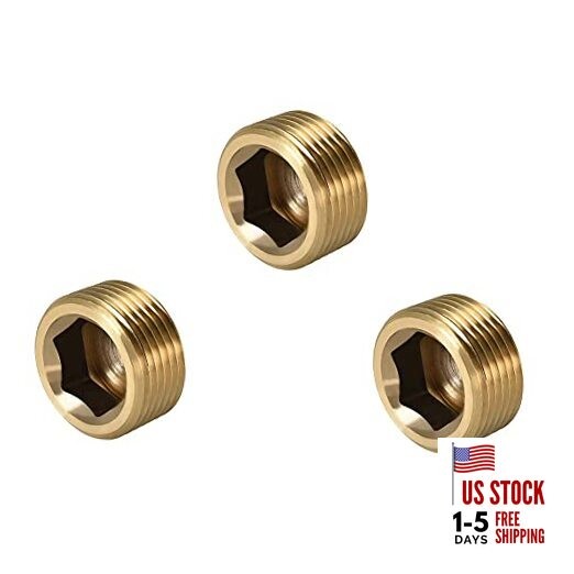 1/2" NPT Plug Brass Pipe Fitting, Counter sunk Thread Internal 1/2inch 3 Pcs