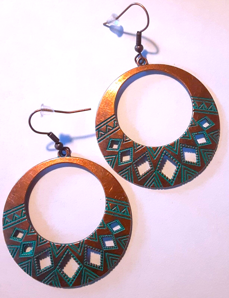 AGED COPPER INDIAN style LARGE HOOPS earring FISH HOOK artisan SP40