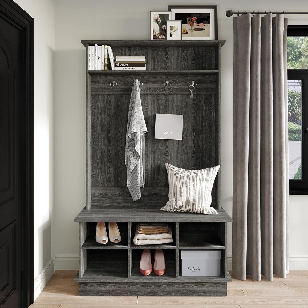 Entryway Hall Tree W/ Bench & 6 Storage Cubbies White