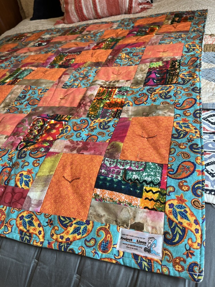 Handmade Patchwork Quilt Vibrant Orange Lap Quilt 44”
