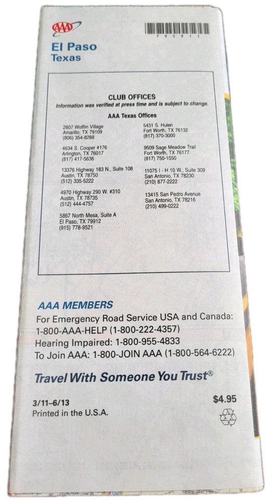 El Paso Texas Map AAA Roads Highways Foldable 2011-2013