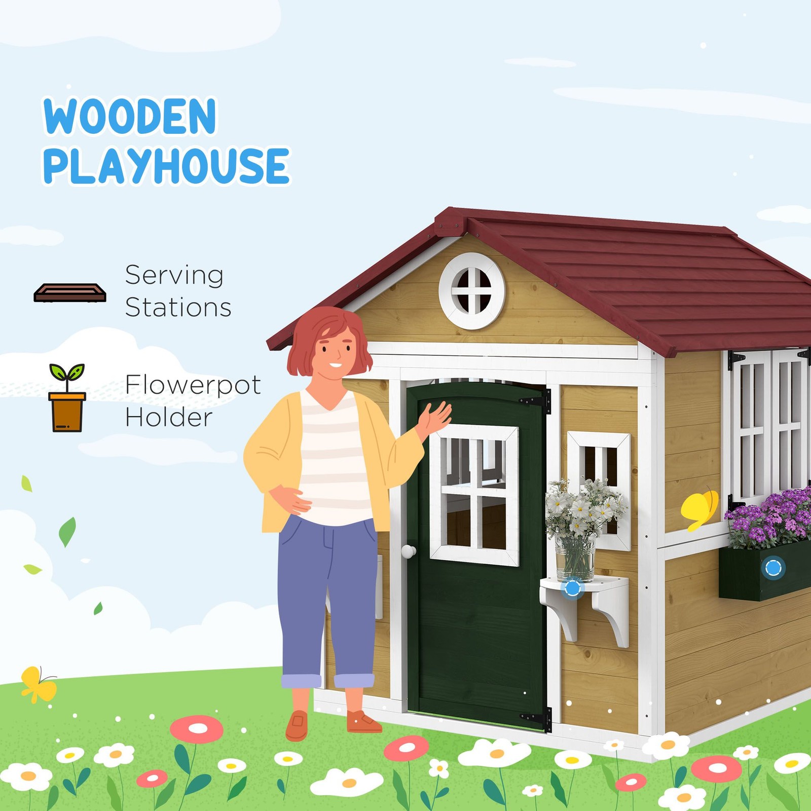 Outsunny Wooden Playhouse for Kids Outdoor, Doors, Windows, Planter Pots, Beige,