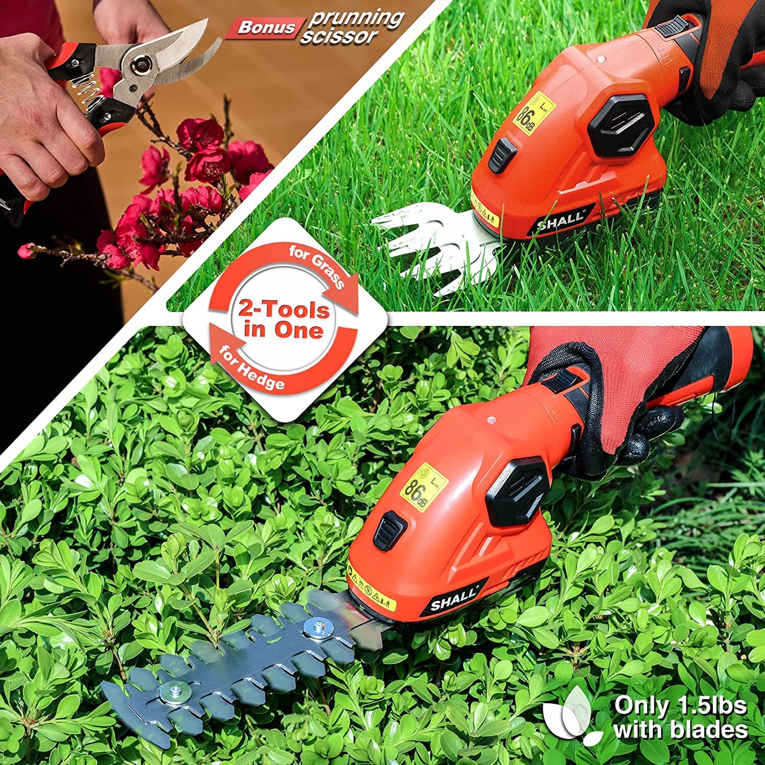 SHALL 7.2V Hedge Trimmer & Cordless Grass Shear-2 in 1 Handheld Grass Trimmer