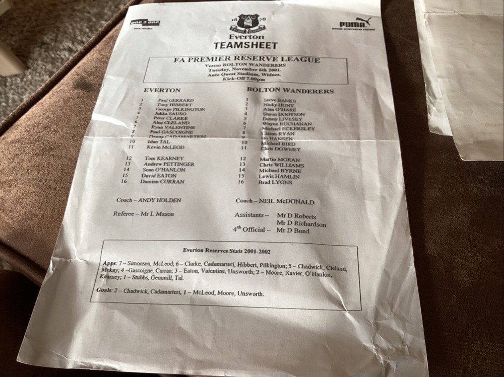 Everton official team sheets x 5 (1999-2001)