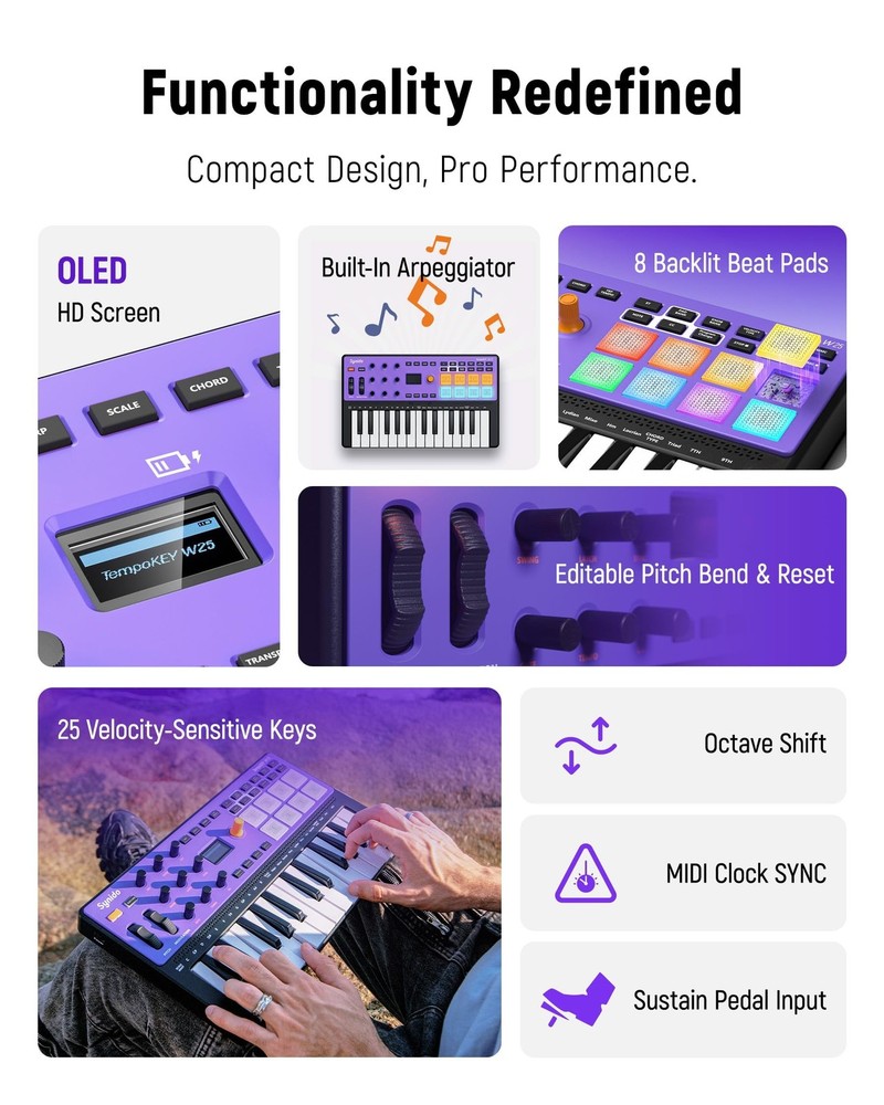 USB C MIDI Controller Keyboard 25 Keys Wireless Rechargeable | OLED Screen,