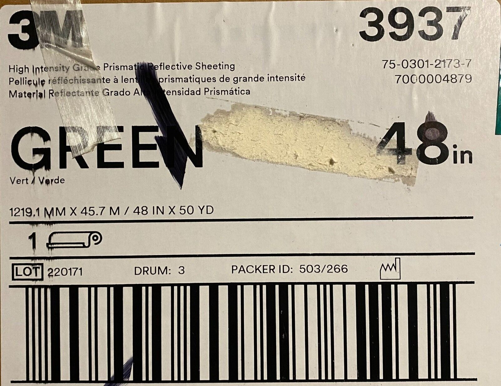 3M High Intensity Prismatic Reflective Sheeting Green T4 3937 - 48 in x 50 yd