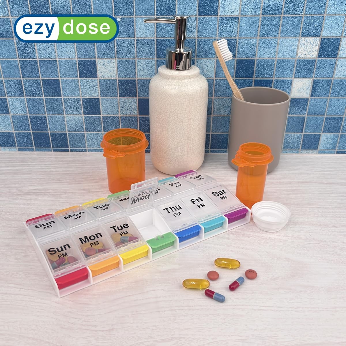 EZY DOSE Push Button (7-Day) Pill Case, Medicine Planner, Vitamin Organizer, 2 T