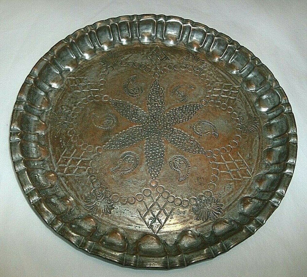VINTAGE MIDDLE EASTERN TIN WASHED COPPER TRAY, ENGRAVED,HAMMERED,ROLLED EDGE