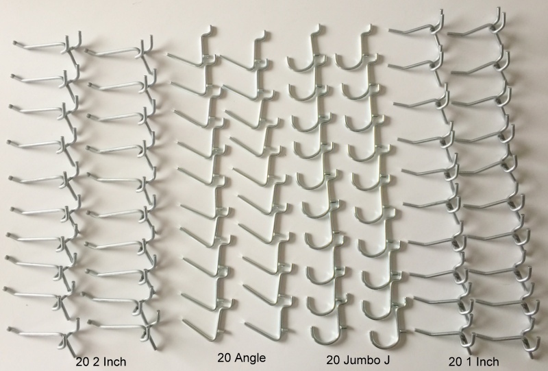 (80 Pack) Garage Tool Pegboard Display. 20 Ea of 1", 2", Angle, and J Peg Hooks