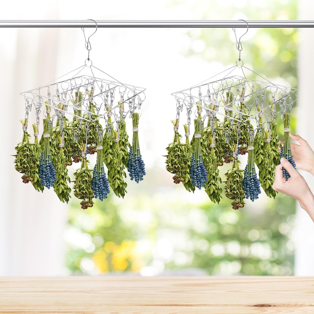 4-PCS Hanging Herb Drying Rack, Stainless Steel, 40 Hooks, Space Saving