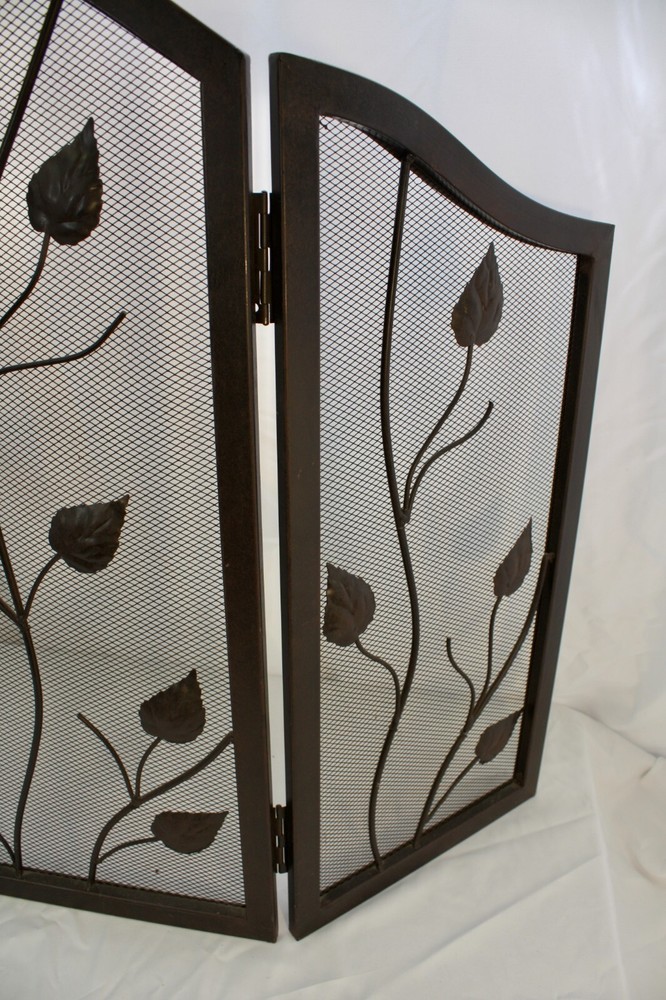 FIRE SCREEN: Classic Wrought Iron 3-panel Folding Screen Featuring Climbing Ivy