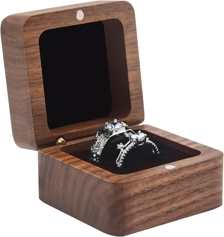 Wooden Ring Box Wedding Ceremony 2 Slots,Small Square Solid Wood Double Ring