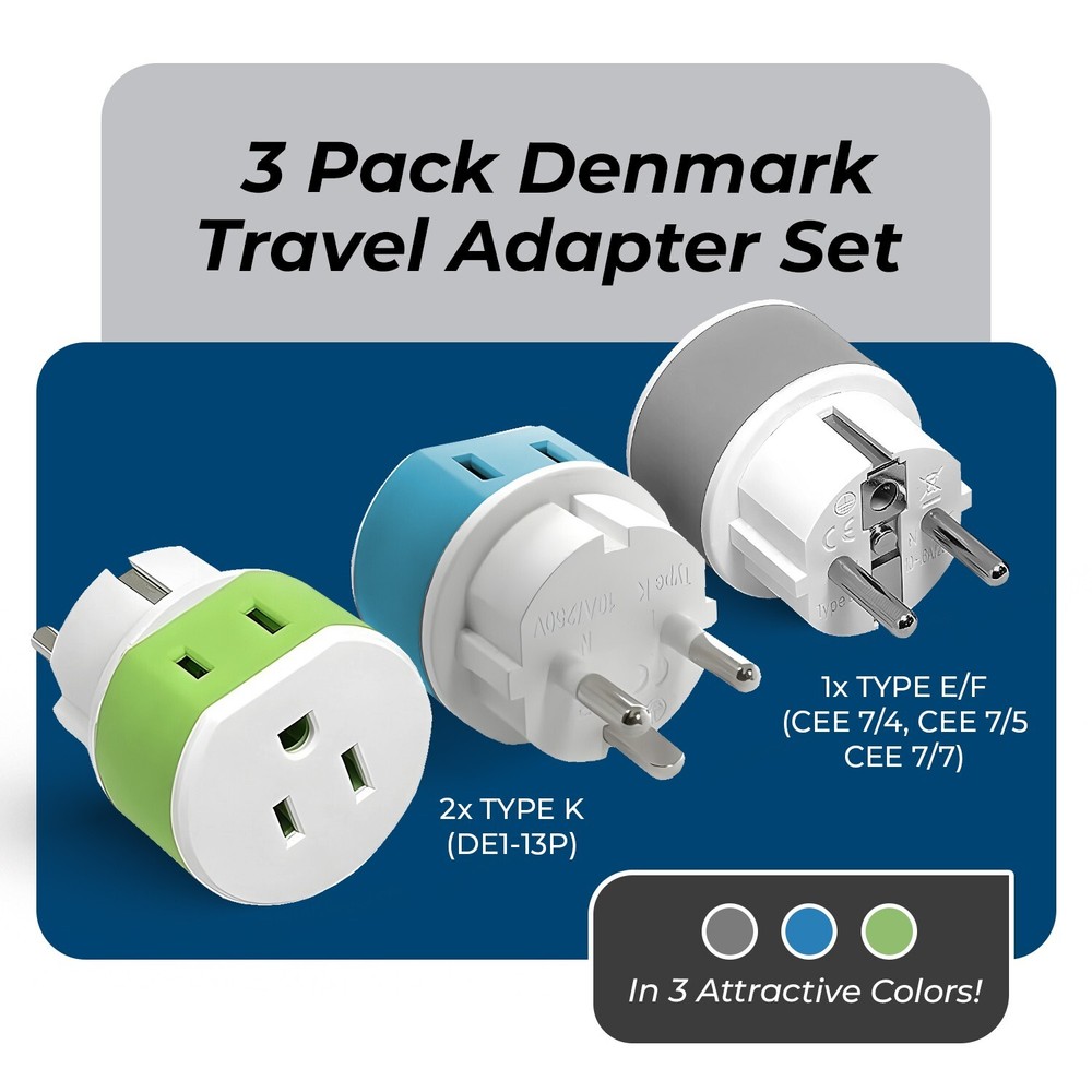 OREI Denmark Travel Plug Adapter - 2 USA Inputs - 3 Pack - Type K