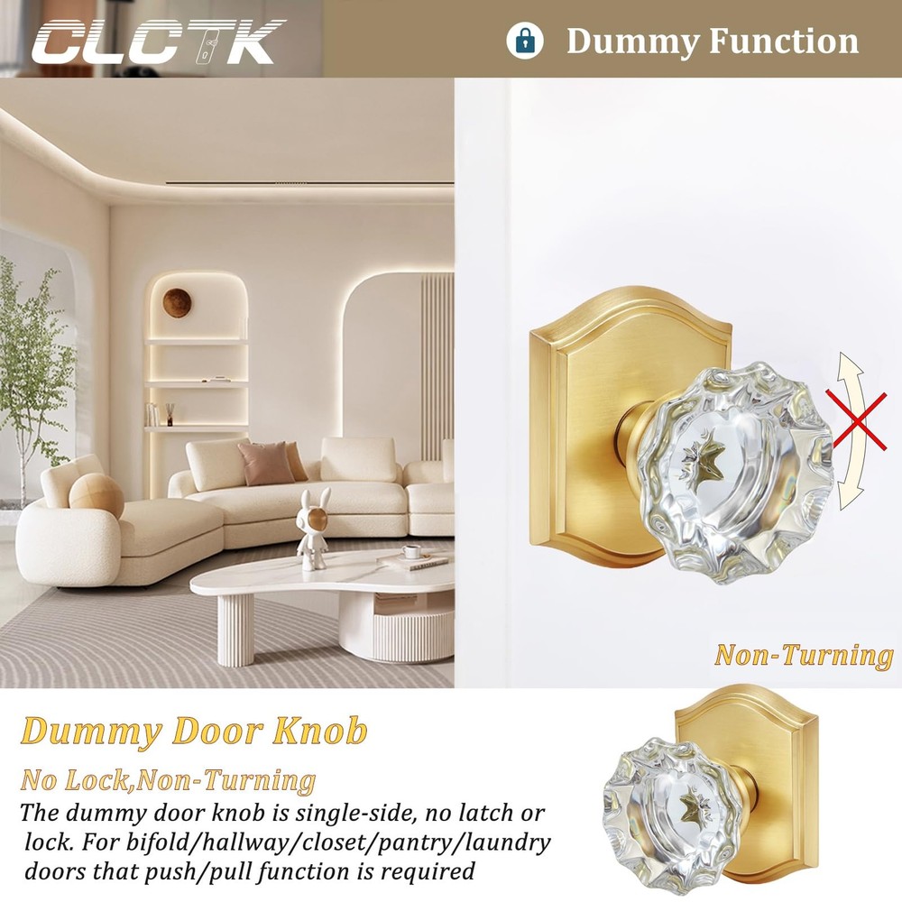 2 Pack Light Gold Crystal Glass Dummy Door Knobs, Non-Turning No Lock Single ...