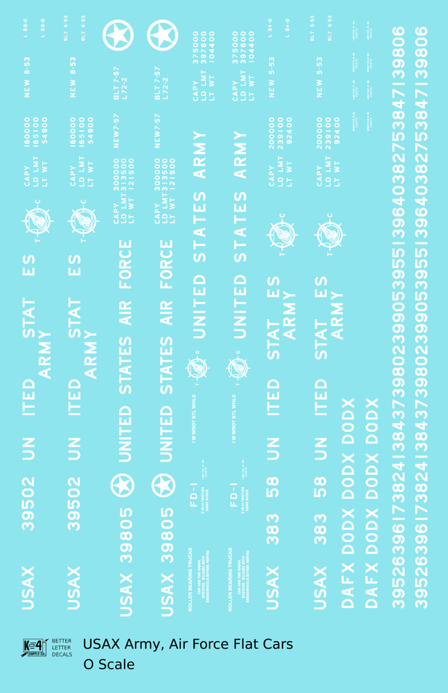 K4 O Scale Decals USAX Army and Air Force Flat Car White
