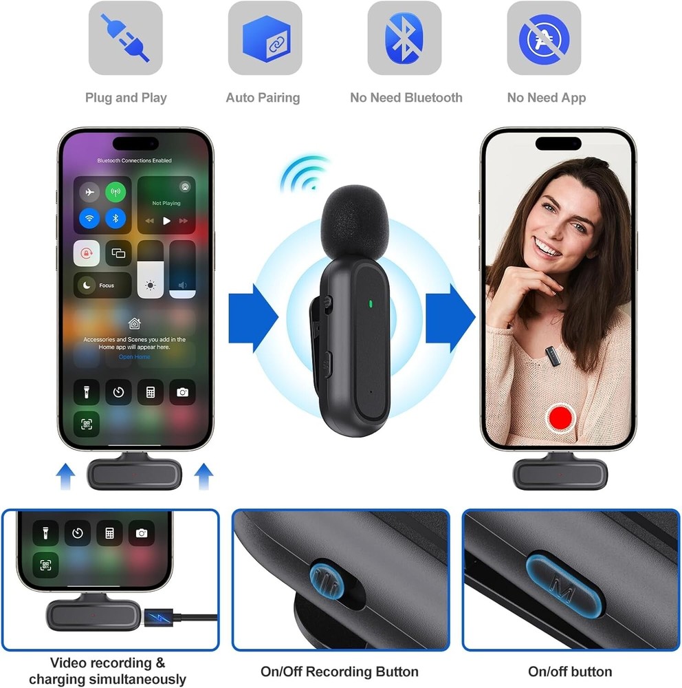 Professional Wireless Lavalier Mic for iPhone iPad Android PC Including Adapter