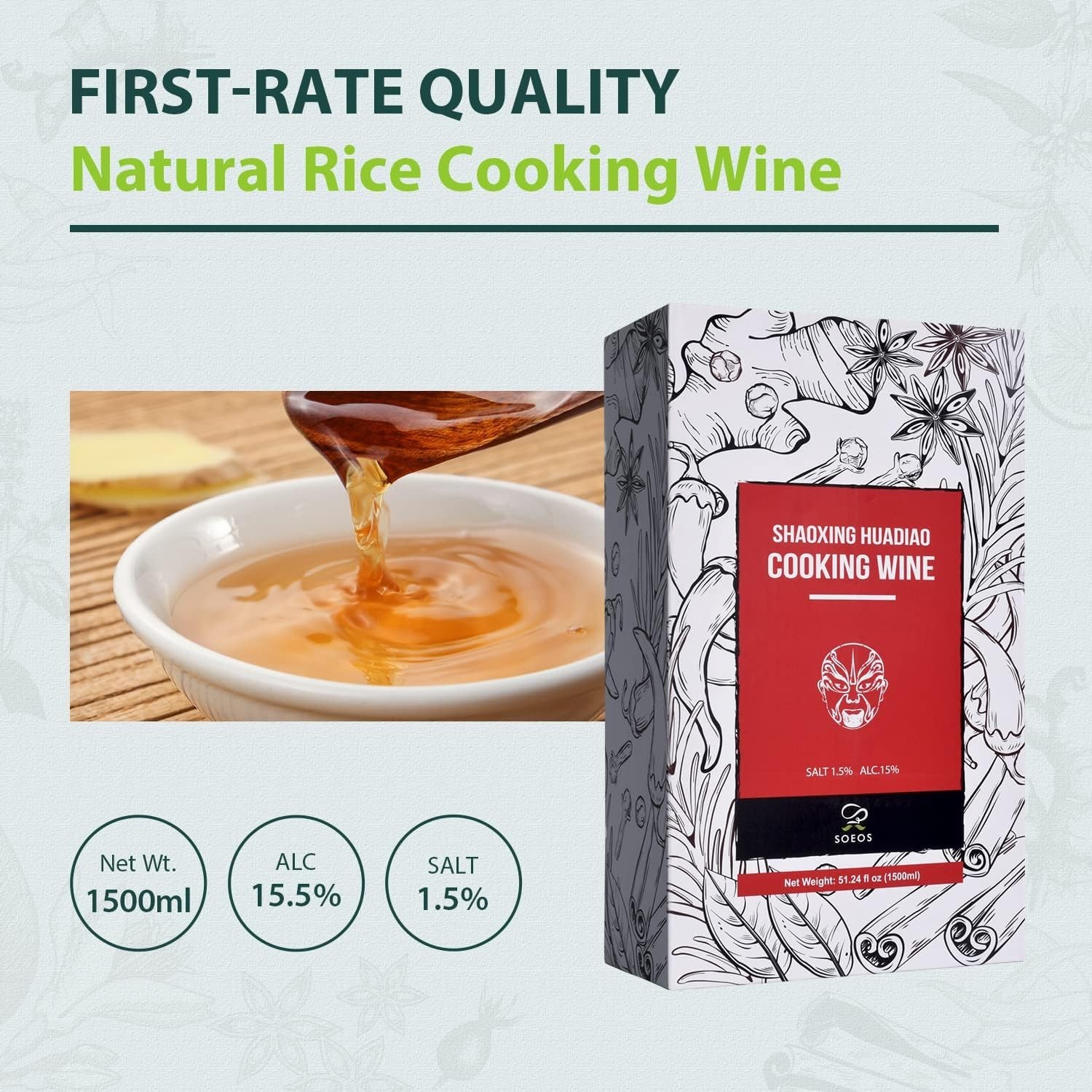 Soeos Shaoxing Cooking Wine, 51.24oz (1500ml), Chinese Cooking Wine, Shaoxing Hu