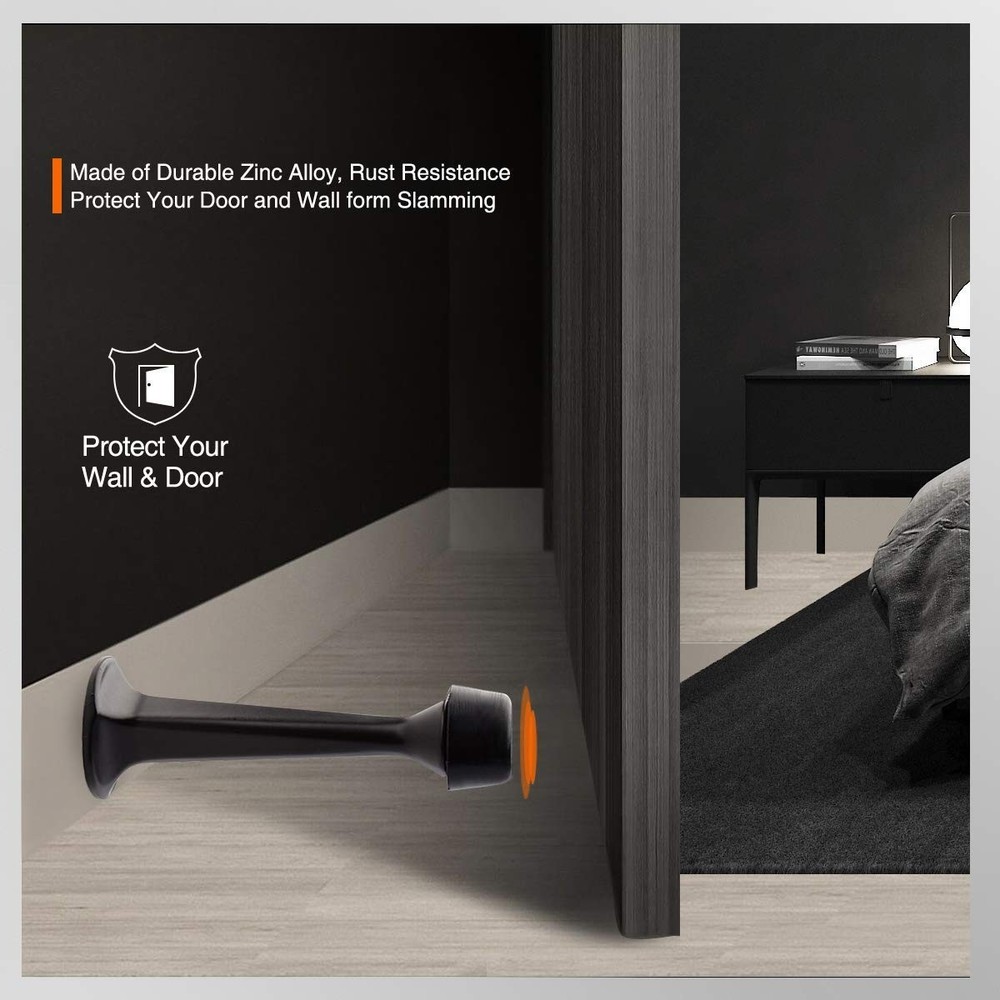 2 Pack Solid Rigid Door Stops Heavy Duty Wall Protector Soft Rubber Tips Black