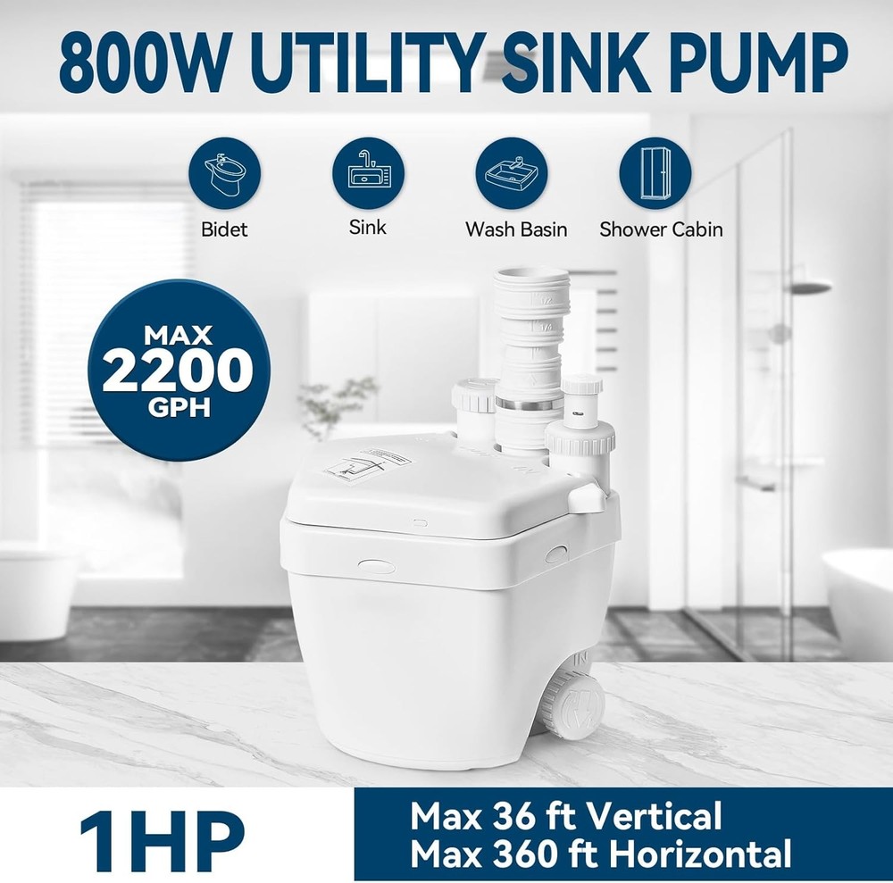 Upgraded 1 HP Utility Sink Pump with PCB Function Upflush to 36FT 2200GPH Under